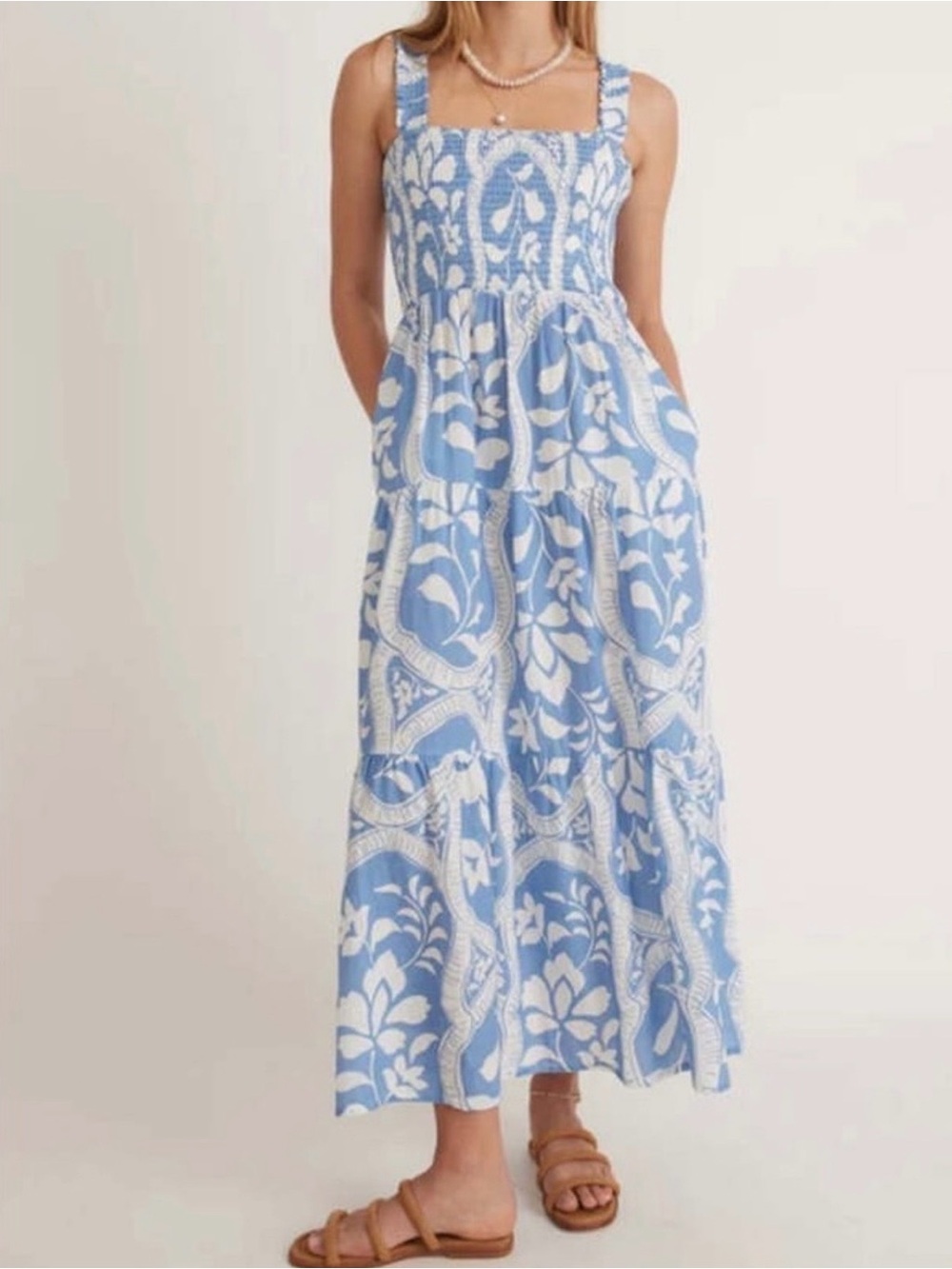 Marine Layer Blue and White Floral Smocked Maxi Dress Cotton/Linen blend XL